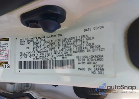 2004 Lexus Gx 470 z USA, uszkodzony, nr VIN JTJBT20X540044376